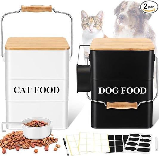 Tioncy 2 Pcs Metal Dog and Cat Food Storage Containers Big Pet Food Containers with Bamboo Lids and Spoon Airtight 5-7 Lbs Dog Cat Treat Snack Jars with DIY Labels for Kitchen Counter(White,Black)