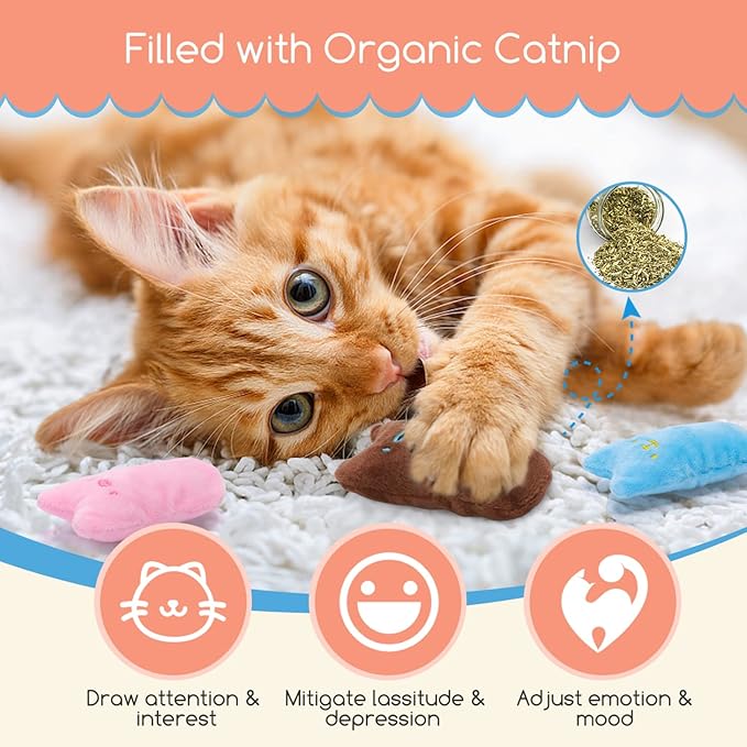 Nobleza Kitten Toys for Indoor Cats, 4 Pack Catnip Cat Teething Chew Toys with Crinkle Paper, Soft Plush Interactive Toy Funny Cute Birthday Gift for Kitty Kicking & Playing, Brown/Blue/Pink/Yellow