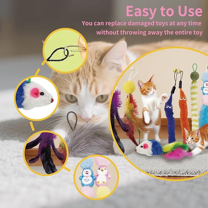 15PCS Cat Wand Toy Accessories, Cat Feather Toy Attachments Replacements, Mouse Toy and Tassels Strip for Indoor Cats Kitten