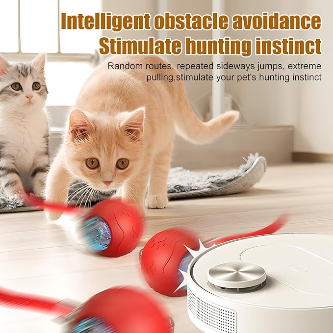 Interactive Cat Toy Balls,2025 New Interactive Rolling Cat Balls,Smart Automatic Rolling Pet Ball,Automatic Obstacle Avoidance Cat Toy with Rope for Cat & Dog (RED)