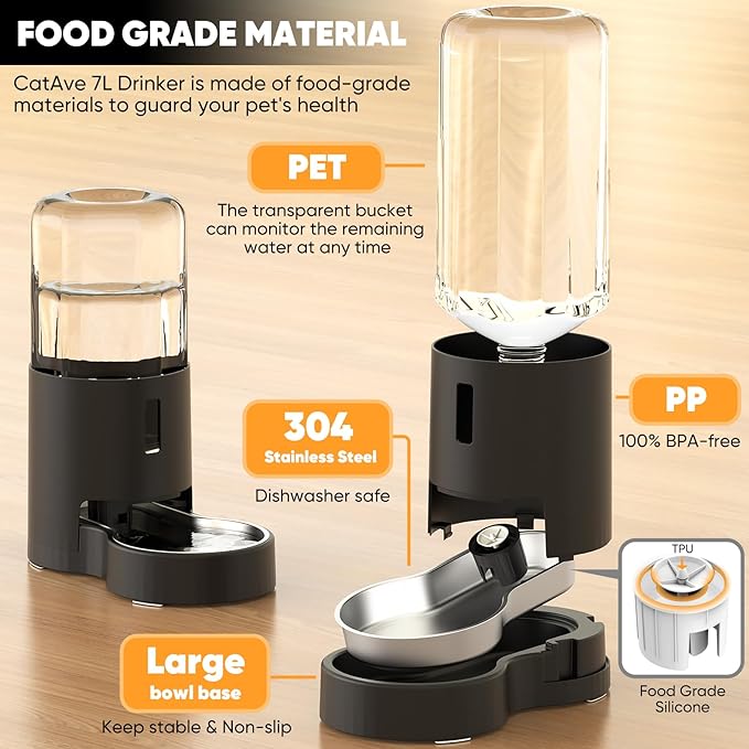 7L Automatic Dog Water Dispenser Bowl, Gravity Pet Water Dispenser with Stainless Steel Bowl, No Spilling Large Capacity Water Feeder for Dogs Cats (7L Without Filter Black)