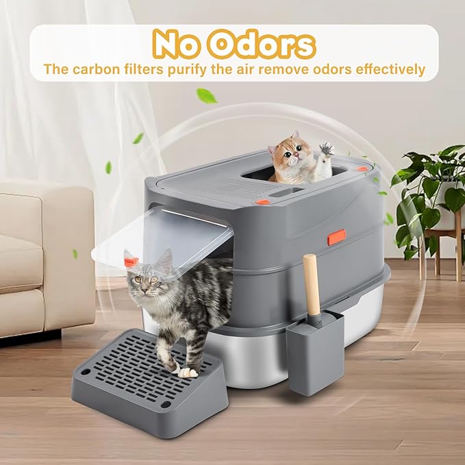 Stainless Steel Litter Box with 180° Flip-Top Lid, XXL 23.6”x 15.7”x 15.7” Enclosed Removable Metal Litter Cat Box with Filter Pedal, Scoop, Anti-Leakage, Non-Sticky, Easy Cleaning (Dark Gray)