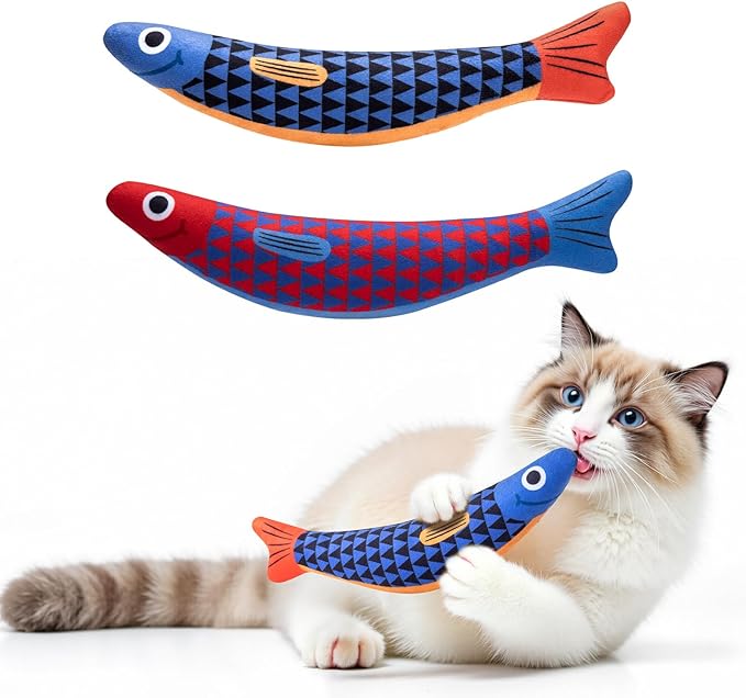 Interactive Cat Toys with[5000mg Premium A+Catnip][Baby Grade] Soft Chew Kicker Cat Toys for Indoor Cats & Kittens, Crinkle &Rattle Fish Sound Toy, Drives Bored Cats Crazy with Fun,2 Pack