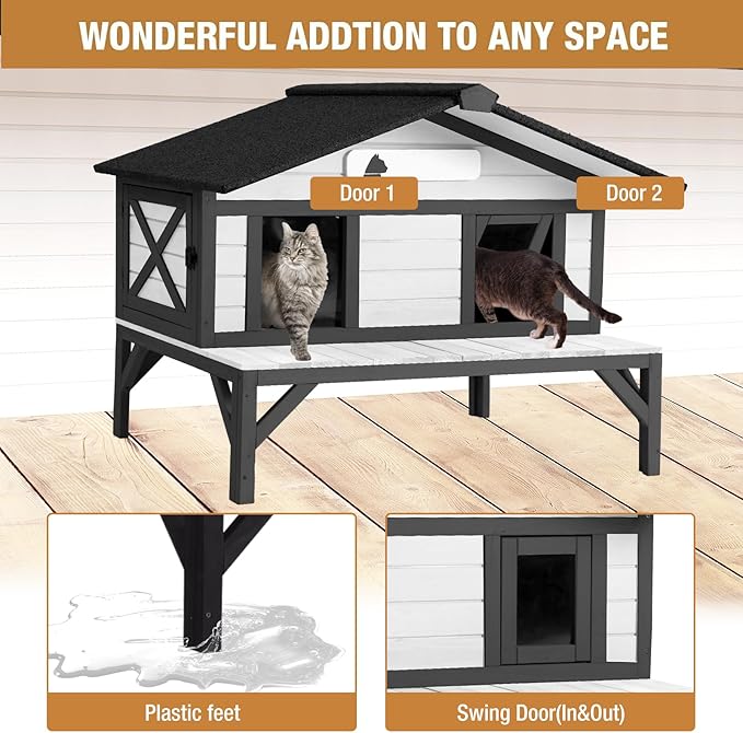 Heated Outdoor Cat House - Heavy-Duty Triple-Layer Weatherproof Shelter with Thermal Liner, Openable Roof & Escape Doors for Winter(92-Black)