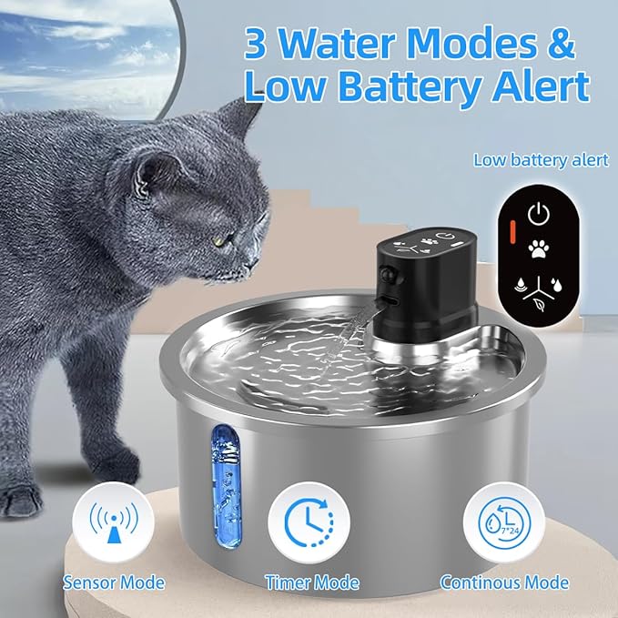 Wireless Cat Water Fountain Stainless Steel Automatic Pet Water Dispenser 4000mAh Battery Operated 3.2L/108oz Large Capacity Water Fountains for Cats Dogs