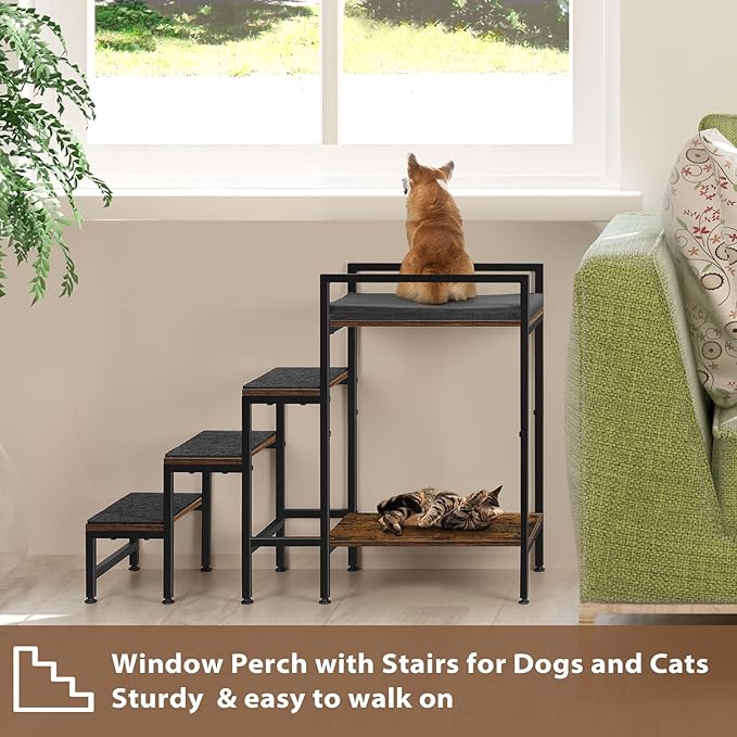 Dog Window Perch Dog Steps for High Beds and Couch, 22''H Non-Slip Stairs for Small Medium Cats, 4 Steps Pet Bunk Bed with Stair, Sturdy Frame