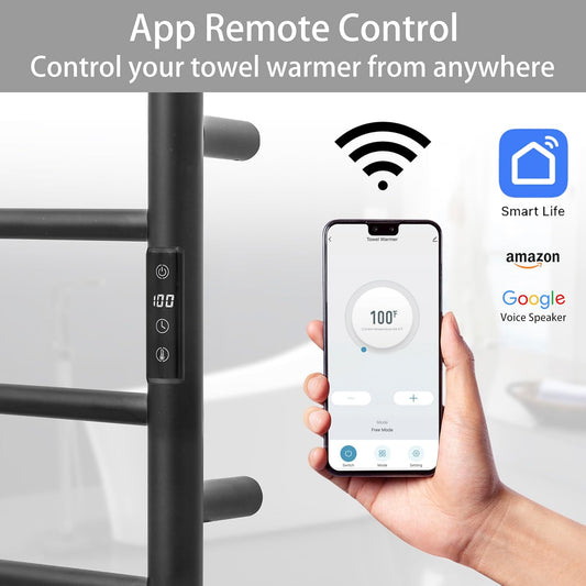 KEG Smart WiFi Towel Warmer Wall Mounted with Built-in Timer and Temperature Adjust Control, 8 Bars Electric Stainless Steel Heated Towel Racks for Bathroom Black