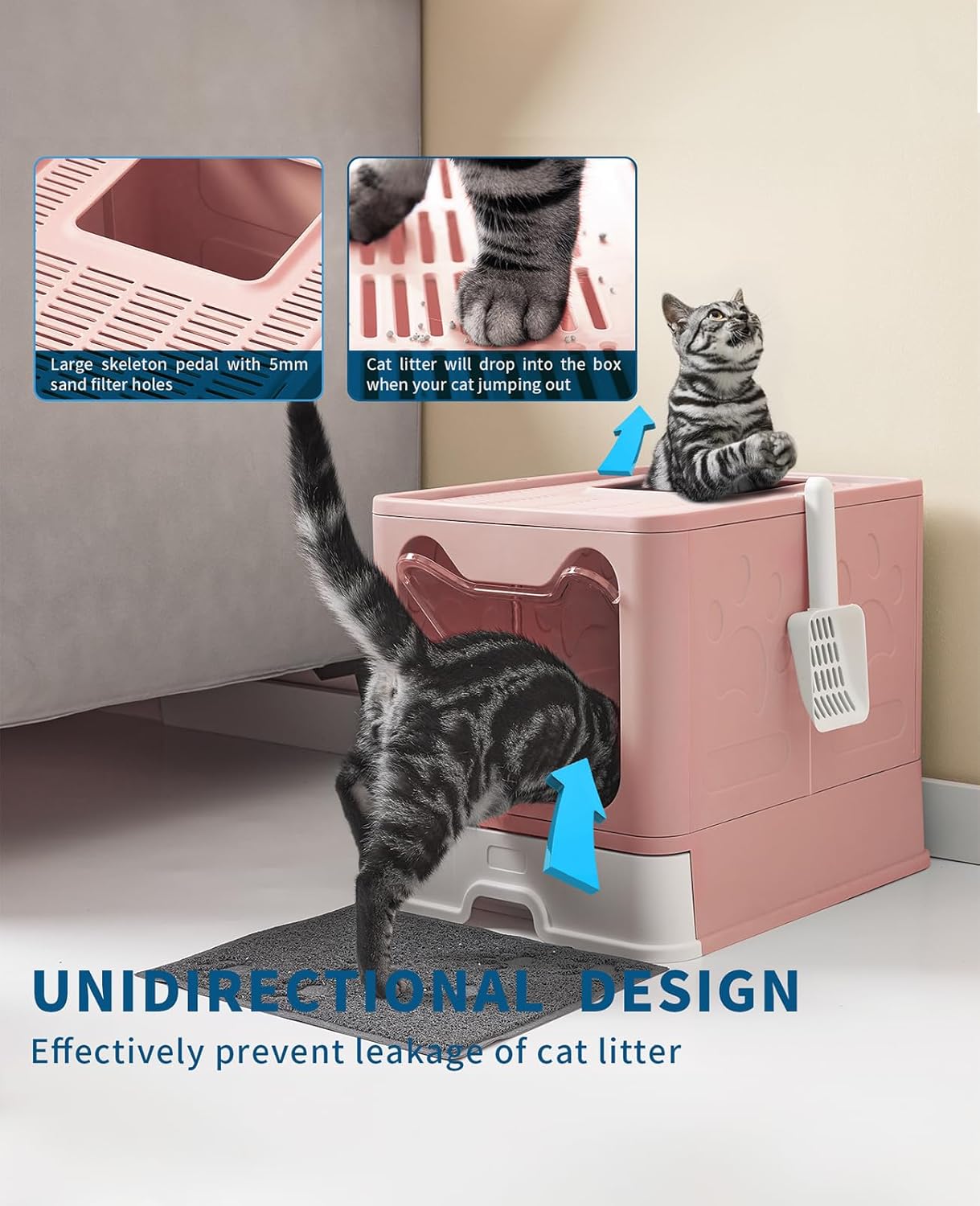 Cat Litter Box with Litter Mat and Scoop, Large Foldable Litter Box with Lid, Front Entry Top Exit Kitty Box, Odor Control, Easy to Clean (Pink)