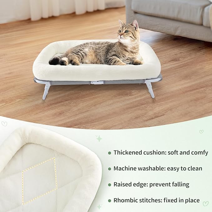 Sunhoo Elevated Cat Bed Foldable Raised Pet Hammock Self-Supporting Puppy Lounger with Off Floor Metal Frame Washable Cover for Small Dog Kitten Indoor Use 25.2x15.75x7.48 in (White)