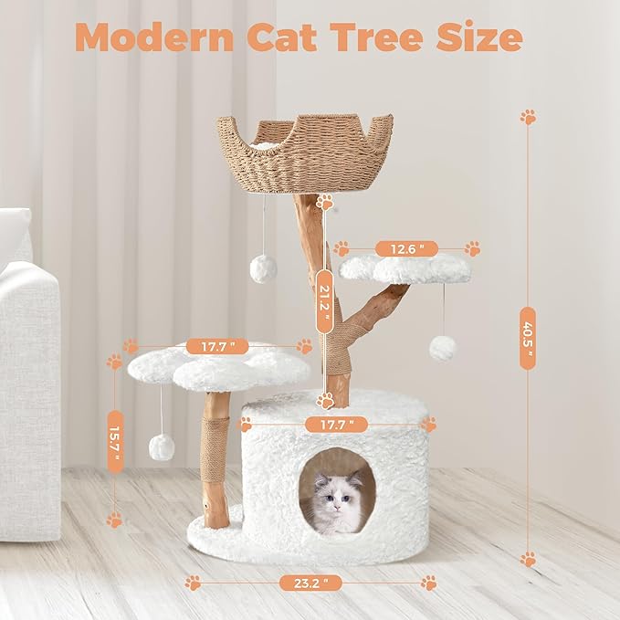 Easyego Modern Cat Tree, Aesthetic Wood Cat Tree Tower for Large Cats, Luxury Cat Condo with Scratching Posts and Flower Platforms, Cat Furniture by Easyego, (Rabbit Hair - White)