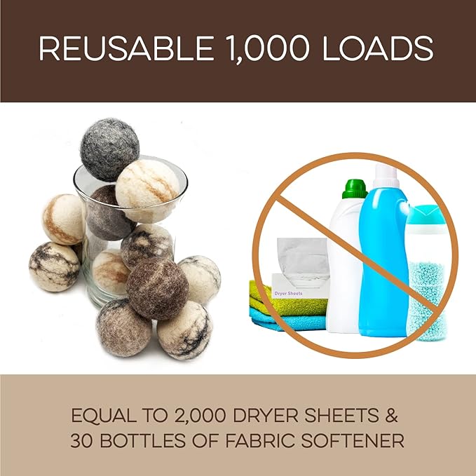 Fluff Ewes Wool Dryer Balls 3 Pack Premium New Zealand Wool Laundry Balls for Dryer, No Static Dryer Balls Laundry Reusable Cute, XL Wool Dryer Balls Cute, Baby Dryer Balls for Dryers - Marble