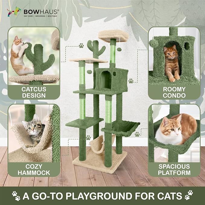 CAPHAUS Cactus Cat Tree for Indoor Cats, Cute 70-Inch Cat Climbing Play Tower with Top Perch for Large Cats Kittens, Multi-Level Cat Activity Tree with Scratching Posts, Hammock, Cat Cave Condo