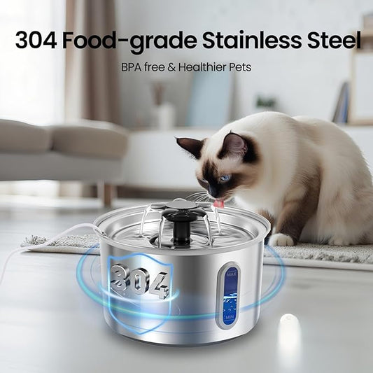 3L/101oz Stainless Steel Cat Water Fountain for Indoor Use - Ultra Quiet Automatic, BPA-Free LED Window for Cats/Small Dogs (Silver+2 Filters+2 Sponges, Large)