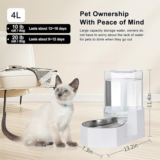 Sfozstra Gravity Water Bowl Dispenser : Automatic 4L White Cat Stainless Steel Feeder Without Filters for Pets Indoor/Outdoor by Owners