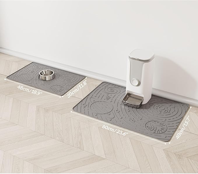 OHMO Dog Food Mat, Silicone Waterproof Cat Food Mat, Non-Skid Spill Proof Pet Feeding Mat for Food and Water, Easy to Clean Dog Placemat(Grey, 23.6" x 15.8")