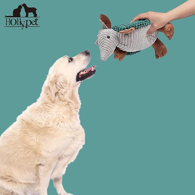 Hollypet Plush Dog Squeaky Toy Stuffed Armadillo Animal Pet Puppy Chew Toys with Clean Teeth for Small Medium Large All Breed Sizes Dogs, Deep Green, 10in