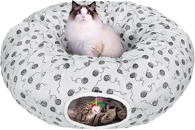 Ownpets Large Cat Tunnel Bed for Indoor Cats, Soft Plush Cat Donut Tunnel with Washable Cushion for Kitten, Puppy, Rabbit, Gray