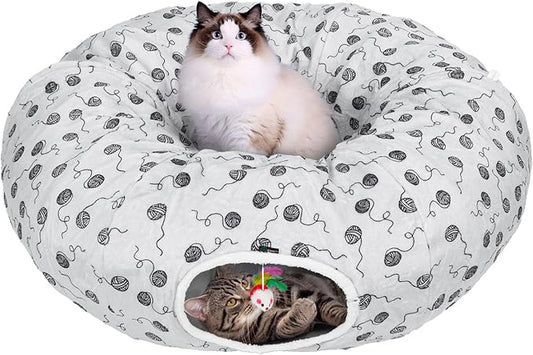 Ownpets Large Cat Tunnel Bed for Indoor Cats, Soft Plush Cat Donut Tunnel with Washable Cushion for Kitten, Puppy, Rabbit, Gray