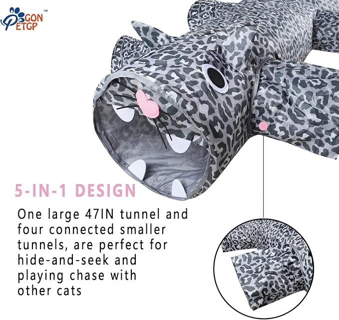 Large Indoor Cat Tunnel for Small Pets, 47IN, Tear-Resistant Polyester with Crinkle Crackle Paper, Folds Down for Easy Storage