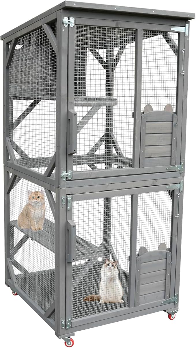 Cat House Wooden Cat Cage with Asphalt Roof, Outdoor Cat House, Wooden Cat House with Lounge Box, Large Kitten Apartment Cage Enclosure