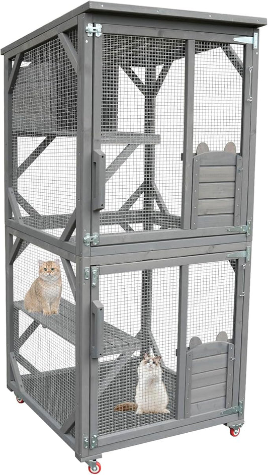 Cat House Wooden Cat Cage with Asphalt Roof, Outdoor Cat House, Wooden Cat House with Lounge Box, Large Kitten Apartment Cage Enclosure