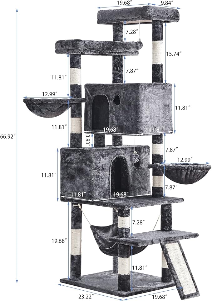 Cat Tree for Indoor Cats Large Adult, 66.9 Inches Multi-Level Tall Cat Tower with Sisal Scratching Posts, Large Plush Perches, Spacious Condos, Baskets, Hammock & Scraping Ladder (Dark Gray)