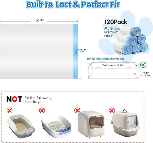 120 Count Self Cleaning Cat Litter Box Liners Bag Fit For MeoWant MW-SC01,MW-SC02, Drawstring Heavy Duty Litter Receptacles Bags Compatible with Automatic Cat Litter Box- 17.7" x 19.7"