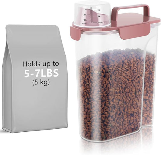 5-7Lbs Cat Dog Storage Container, Portable Pet Food Containers with Upgraded Large Spout and Cup, Small Animal Kibble Dispenser for Bird Seed, Oatmeal, Rice, Flour (1, Pink, 5L)