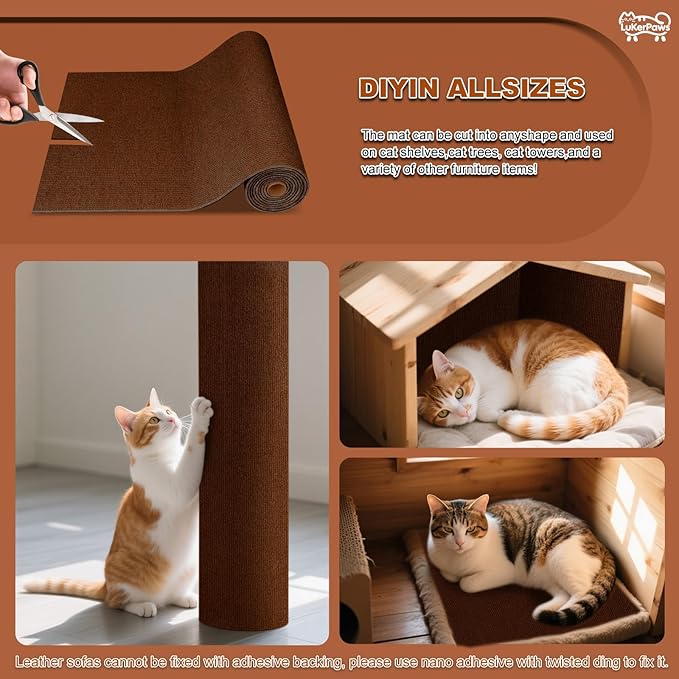 Cat Scratch Mat, Self-Adhesive Trimmable cat Scratch Furniture Protector for Couch, cat Scratch pad，cat Tree，DIY Climbing Carpet for Cat Tower Replacement Pads (Black, 78.7" x 15.8")