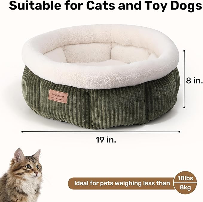 FUKUMARU Cat Bed, Washable Round Cat Beds for Indoor Cats, Soft Fluffy Pet Bed for Cats and Puppy, Corduroy Cute Small Dog Beds, Green