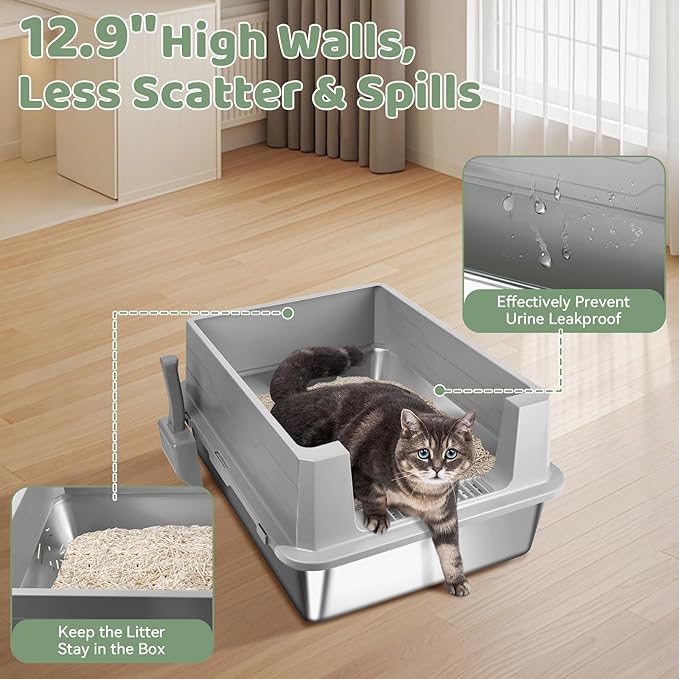 XXXL Stainless Steel Cat Litter Box with High Sides, 28"x20"x12" Extra Large Litter Box for Multiple-Big Cats, Metal Cat Litter Pan, Anti-Urine Leakage, Easy Clean (Grey)