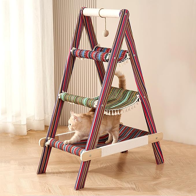 SHENGOCASE 3-Tier Modern Boho Style A Frame Wooden Cat Tree Tower Ladder with Multi-Level Bed Hammock for Large Cat and Sctatching Post, Hanging Toy Ball (Boho)