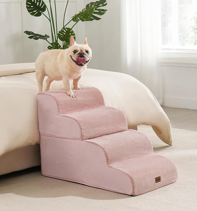 Made4Pets Dog Stairs Ramp for Bed, 4-Step Dog Steps for High Bed Couch Sofa Climbing, 35D Foam Pet Steps for Small Dogs and Cats, Non-Slip Bottom Pet Stairs, Pink