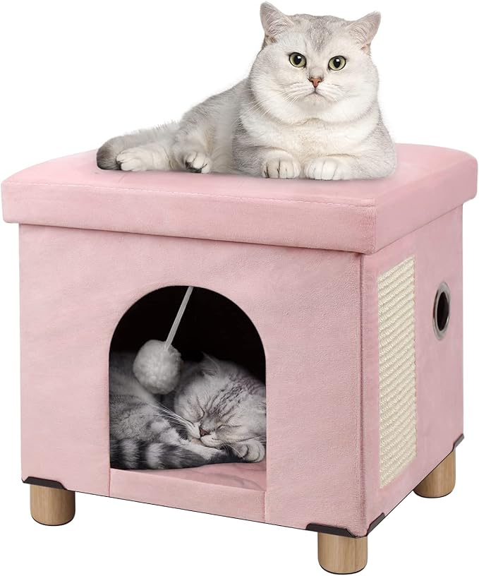 BRIAN & DANY Cat House for Indoor Cats, Cat Cave Bed for Pet, Cat Cube with Cat Scratch Board & Cat Ball, 14.7" x 14.1” x 12.7”, Pink
