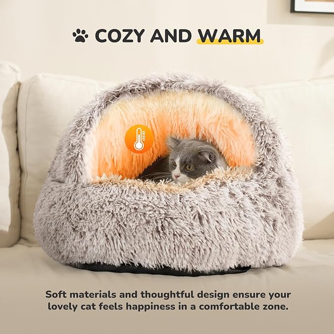 CATISM Cat Bed, Plush Hooded Cat Beds for Indoor Cats, Self Warming Cats Beds Cave, Cozy Pod for Indoor Kitten or Small Dog, Removable Washable with Non-Slip Bottom