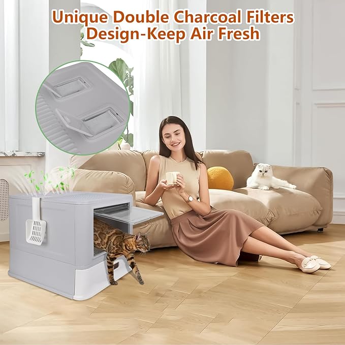 Enclosed Stainless Steel Cat Litter Boxes,Large Foldable Litter Box with Lid,Hooded Covered Stainless Steel Cat Litter Box,Easy Cleaning,No Urine Leakage,Deeper Pan