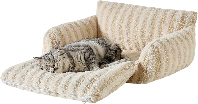 Hollypet Cat Bed Fluffy Plush Mutifuctional Double-Layer Soft Pet Couch Orthopedic Sofa Nest Beds for Small Cats and Dogs, Beige (21x15x8 inch)