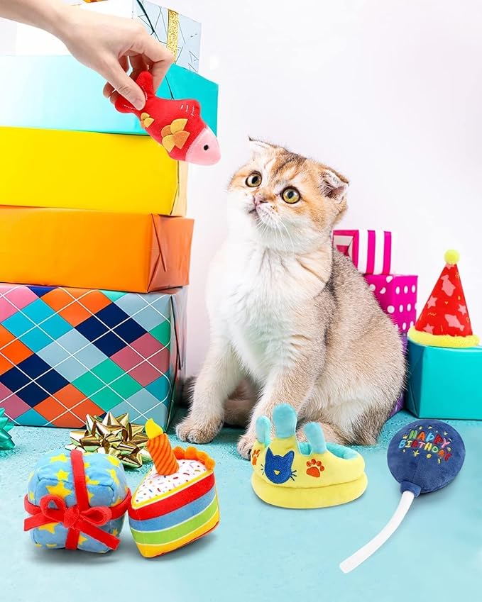 CiyvoLyeen 6Pcs Birthday Themed Catnip Toys Cat Birthday Gift Kitten Interactive Toys for Cat Lover Cake Crown Fish Soft Plush Catmint Pet Supplies Kitty Chew Kick Toys