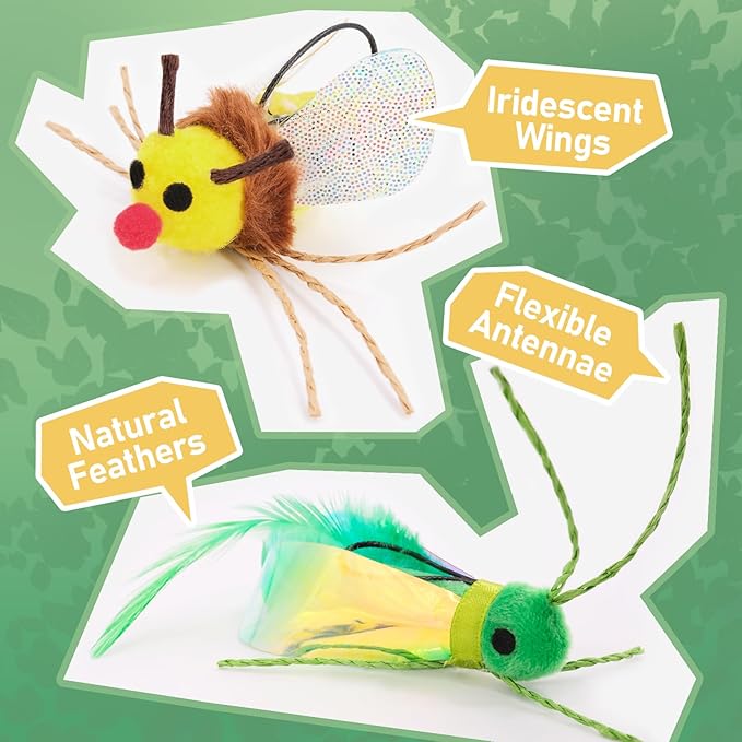 SONGWAY Cat Toy Wand Refill Bugs - 4 Pieces Cat Bug Toys Replacement, Teaser Wand Toy Attachments, Interactive Insect Feather Toys for Cats Kittens