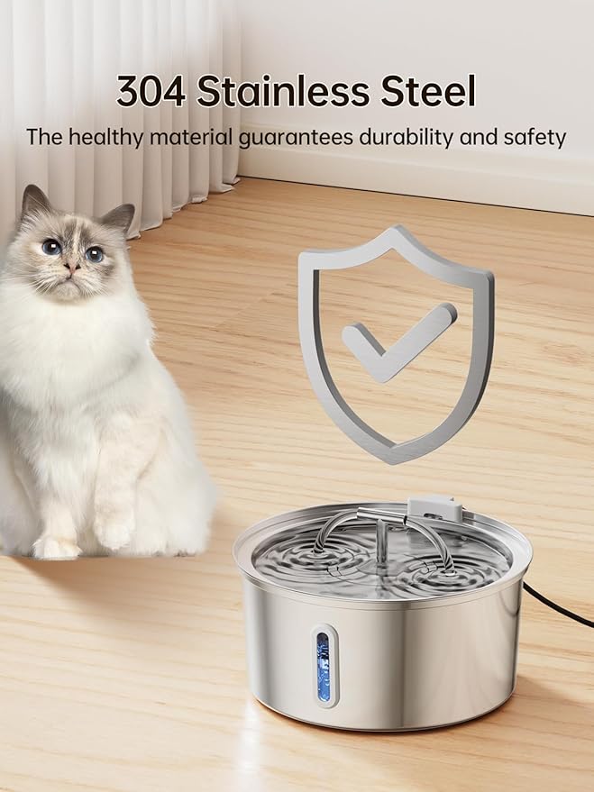 Cat Water Fountain Stainless Steel, 3.2L/108OZ Pet Water Fountain for Drinking,Automatic Metal Dog Water Fountain with 8 Filters & 8 Sponges,Quiet Pump,Dual-Stream for Cats, Dogs,Multiple Pets Indoor