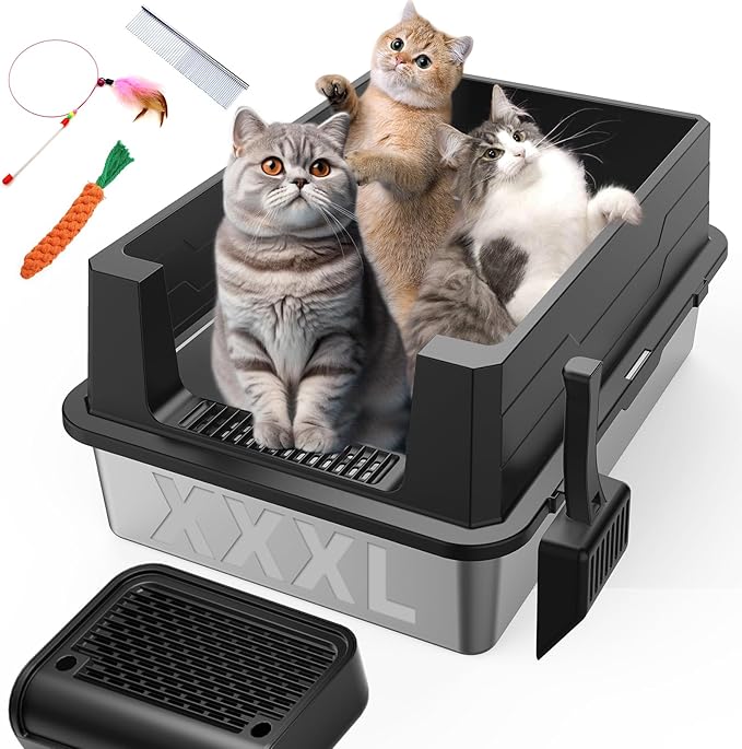 XXXL Stainless Steel Litter Box with Footboard,Extra Large 28" L x 20" W Metal Litter Box for Big Cats & Multiple Cats with High Sided, Anti-Leakage, Non-Sticky, Easy Cleaning, Include Scoop