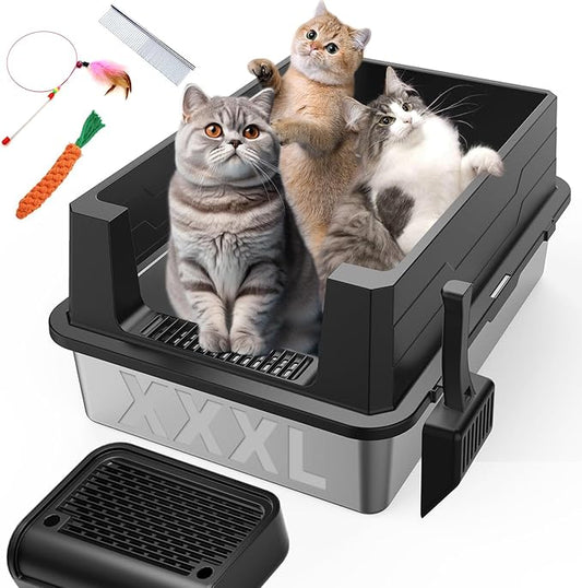 XXXL Stainless Steel Litter Box with Footboard,Extra Large 28" L x 20" W Metal Litter Box for Big Cats & Multiple Cats with High Sided, Anti-Leakage, Non-Sticky, Easy Cleaning, Include Scoop