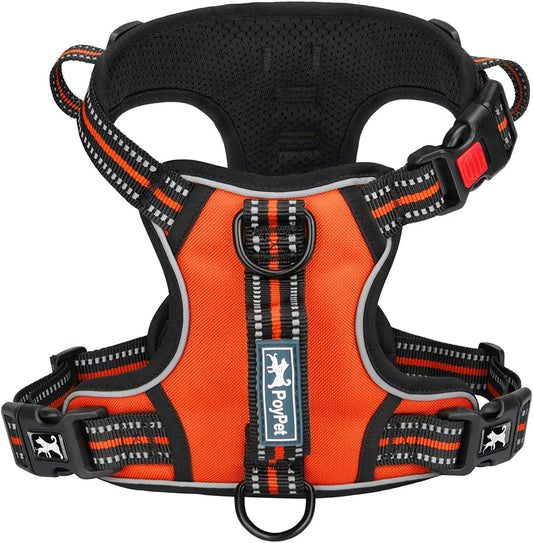 PoyPet No Pull Dog Harness, No Choke Front Clip Reflective Dog Vest with Soft Padded Vertical Handle, 3 Leash Attachments for Small Medium Large Dogs (Orange,XL)