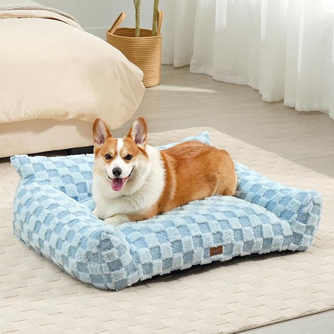 Large Dog Bed Sofa, Fluffy Pet Bed for Medium and Large Dogs, Supportive Dog Couch Sofa for Dogs, Pet Sofas with Washable Cover & Non-Slip, 38 inch, Blue