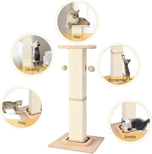 Cat Scratching Post,33 Inches Heavy Duty and Thicker Cat Scratching Posts for Indoor Cats Adults,Tall Cat Scratching Post with Interactive Toys and Hanging Ball, Protect Your Furniture, Beige