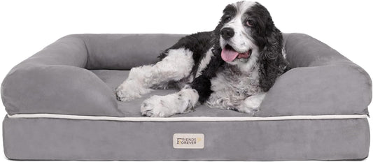Friends Forever Large Dog Bed, Orthopedic Pet Sofa Memory Foam Mattress, Calming Dog Couch, Wall Rim Pillow, Water Resistant Liner, Washable Cover, Non-Slip Bottom, Chester, Large Grey