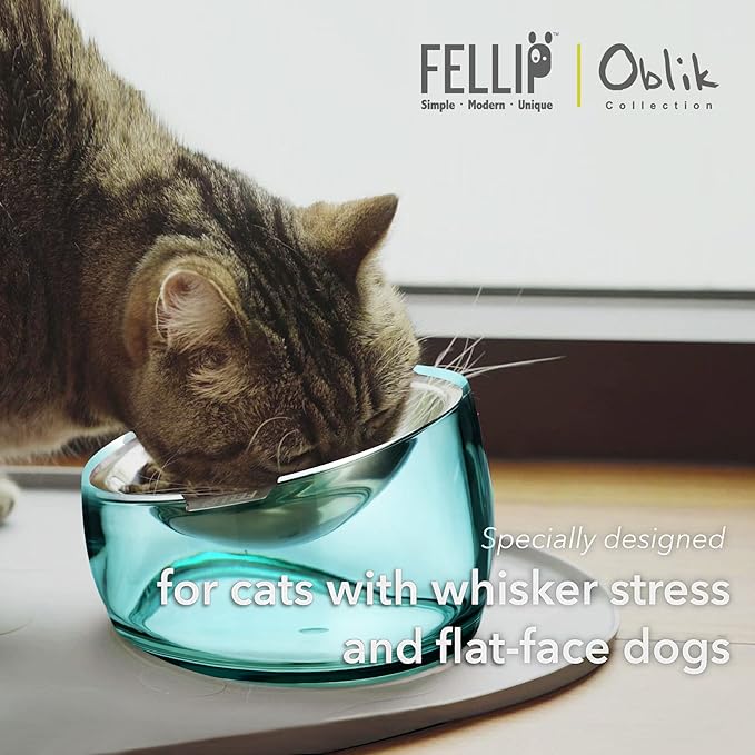 Felli Oblik Elevated Cat Food Bowls 304 Stainless Steel Removable Flat Dish for Whisker Fatigue & Dishwasher Easy Clean, Raised 15° Tilted Stand Non Slip, Wide Metal Plate Anti Vomit (0.5Cup, Classic)