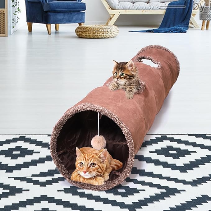 ZENFUN 51"x 12" Collasiple Cat Play Tunnel, Cats Tubes and Tunnels, Cat Foldable Hide and Seek Tunnel Toy, Brown Suede Pet Tube Toy for Rabbits, Ferrets, Puppy, Diameter 12 Inch