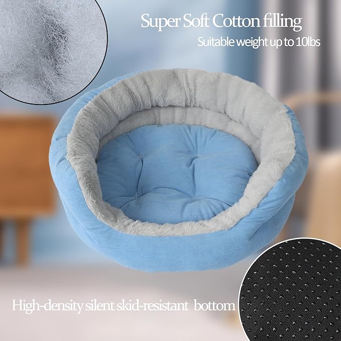 Puppy Bed for Small Dogs Washable Cat Bed,Donut Calming Blue Dog Sofa for Cute Small Kitten Anti Slip for Anxiety Pet Sleeping Couch Soft Sherpa Round Beds for Doggy and Kitty Fluffy Cushion,16 inch