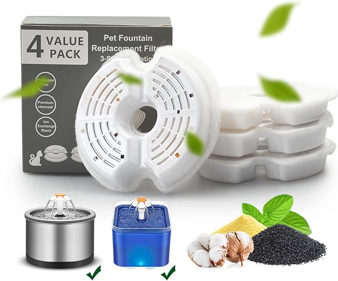 Cat Water Fountain Filters, Multiple Filtration Pet Water Fountain Replacement Filter,8 or 12 Packs of Cotton Activated Carbon Cat Fountain Filters (Filter 4 Pack)